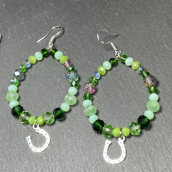Lucky Horse Shoe Green Czech Crystal Hoop Earrings - Picture 5 of 11